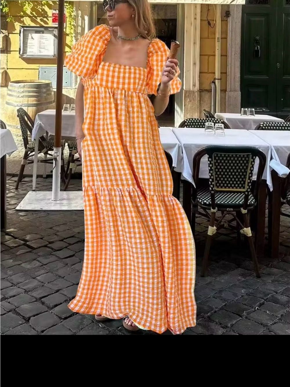 Women's Orange Gingham Puff-Sleeve Maxi Dress